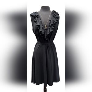 Lauren Ralph Lauren Black Ruffle Midi Dress, with Belt tie.